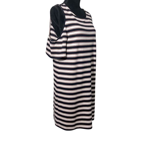 Ann Taylor Cold Shoulder Striped Flutter Dress Blue/Pink Size: Large Petite - Picture 5 of 9